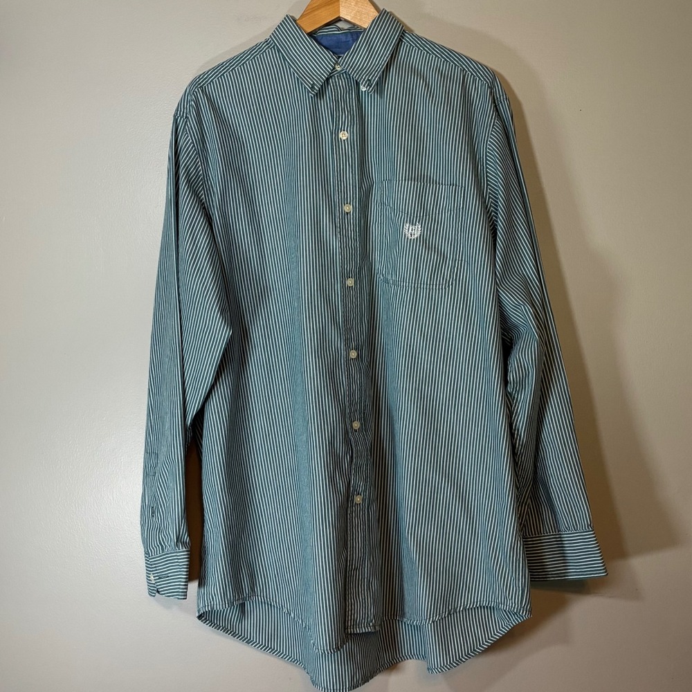 Chaps Mens XLT Green White Striped Button Down Shirt Easy Care Long Sleeve Tall